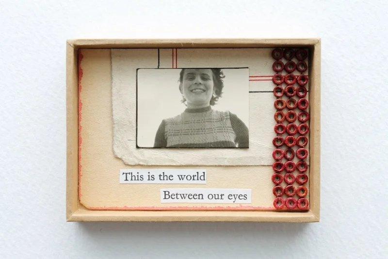 this is the world between our eyes, 2016 (vintage photo, vintage book cover and pages, ceramic beads, thread, paper, board, linen thread, glue) 7,9×5,7x1cm / 3.1″x2.2″x0.4″