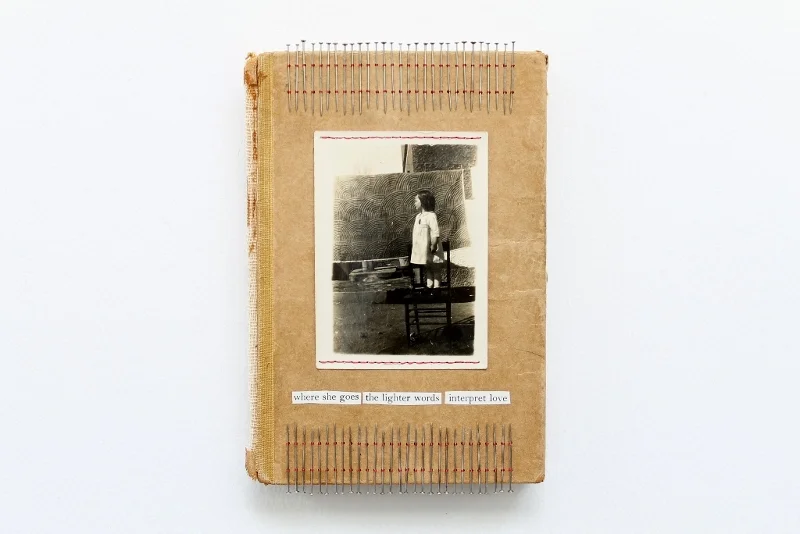 sharp, 2016 (vintage photo, vintage book cover, vintage pins, cut up vintage text, embroidery thread, board, paper, glue, linen thread) approx. 11x17x2cm/ 4.3″x6.7″x0.8″