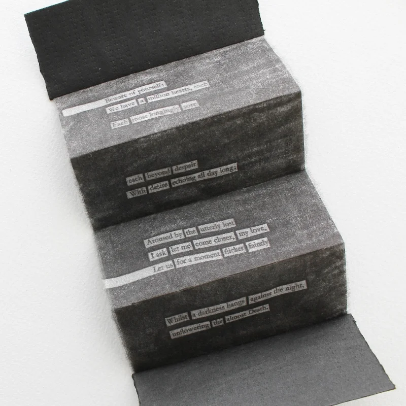 a million hearts - an artists' book by Kaija Rantakari, 2017 - image transfer on silk + typewriter on paper / www.paperiaarre.com