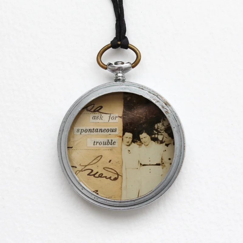 mixed media collage watch case pendant necklace by Kaija Rantakari, 2017 / www.paperiaarre.com
