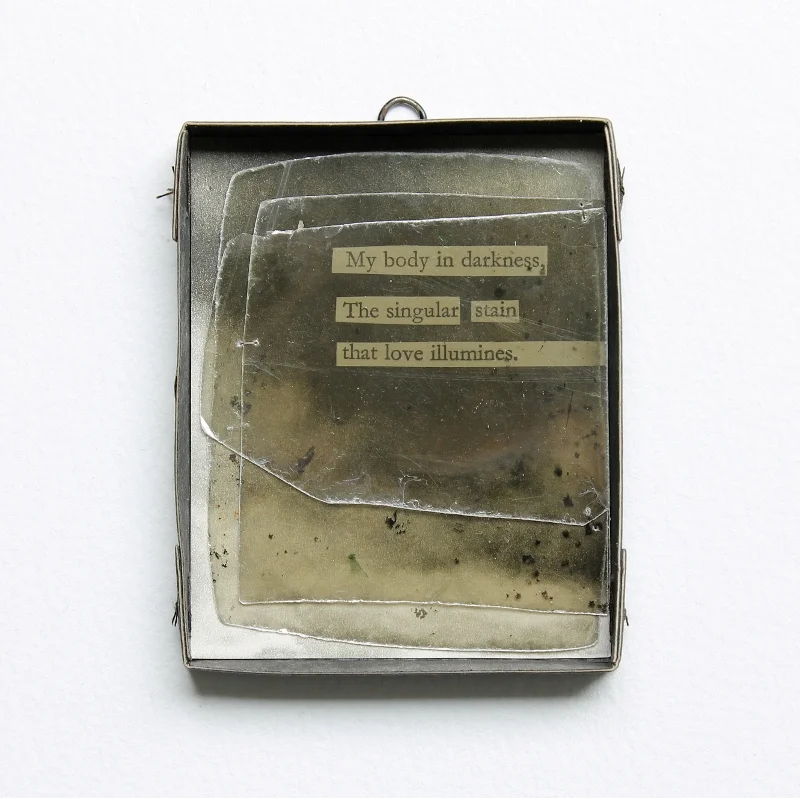 my body in darkness, 2017 (cut-up vintage text, vintage illustration, mica, paper, card, thread, vintage eye fastener) 7,3x9x1cm / 2.9″x3.5″x0.4″