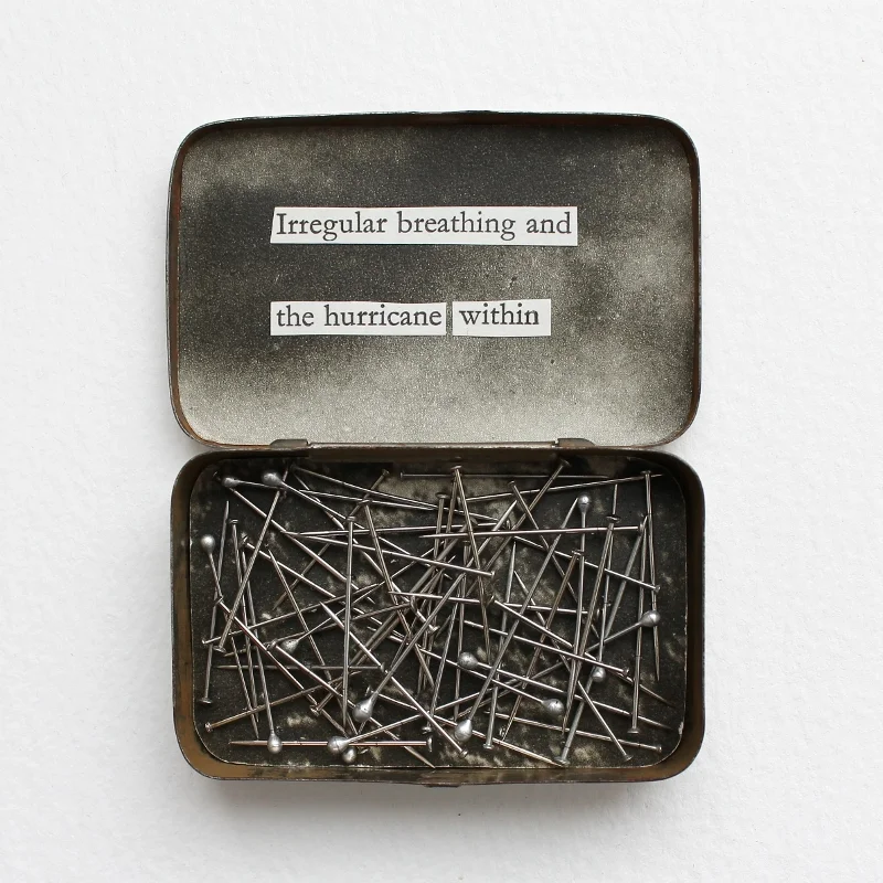 irregular breathing, 2017 vintage tin, pins (individually sewn in place with invisible thread), illustrations and cut up text 5,8x4x1,1cm / 2.3″x1.6″x0.4″ closed