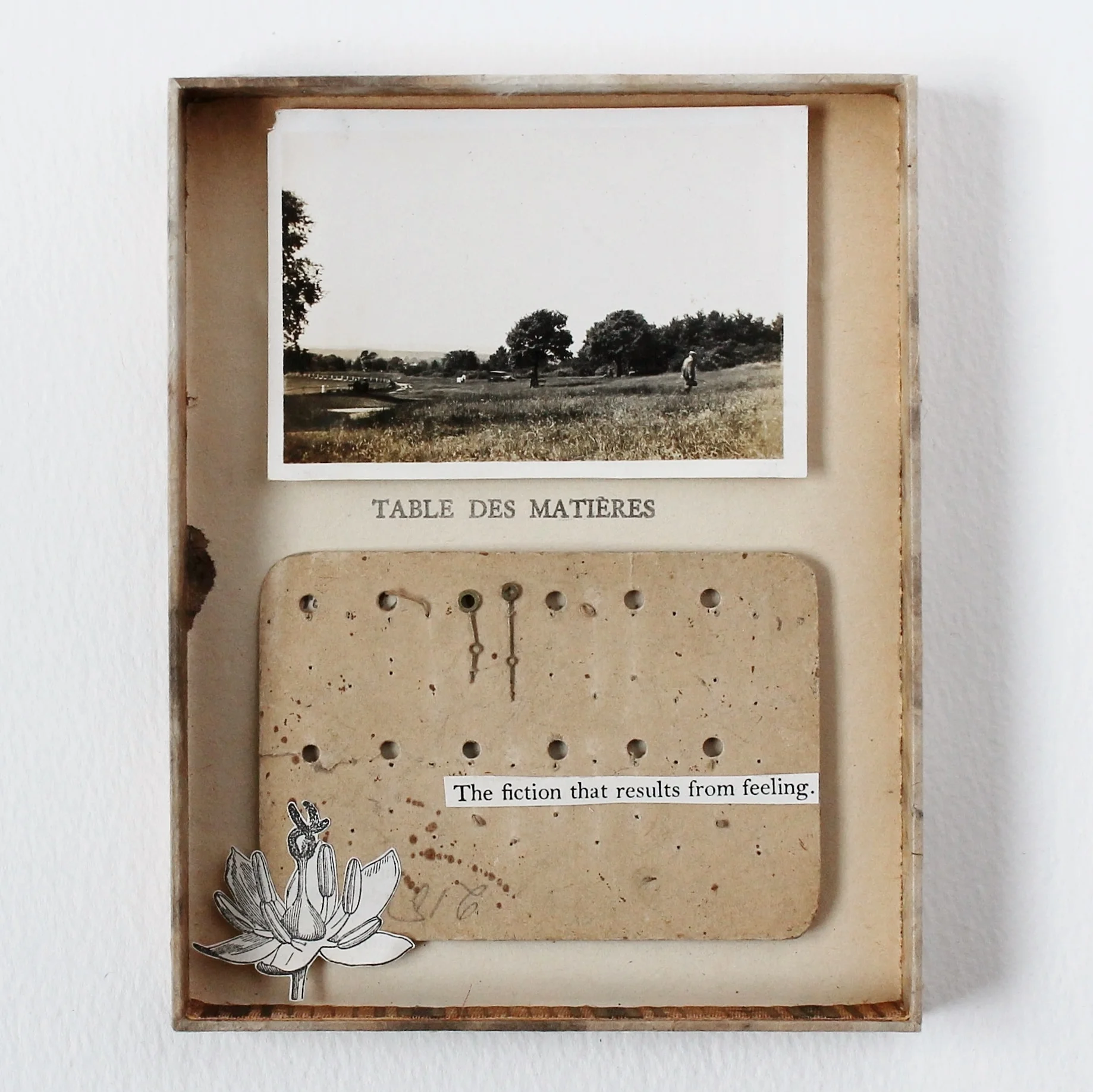   the fiction that results from feeling, 2016    (vintage photo, cut up vintage poetry book, vintage illustration, vintage book page, vintage watch parts, vintage book spine, lokta paper, board, twine)    11,9×15,2×1,5cm / 4.7″x6″x0.6″  