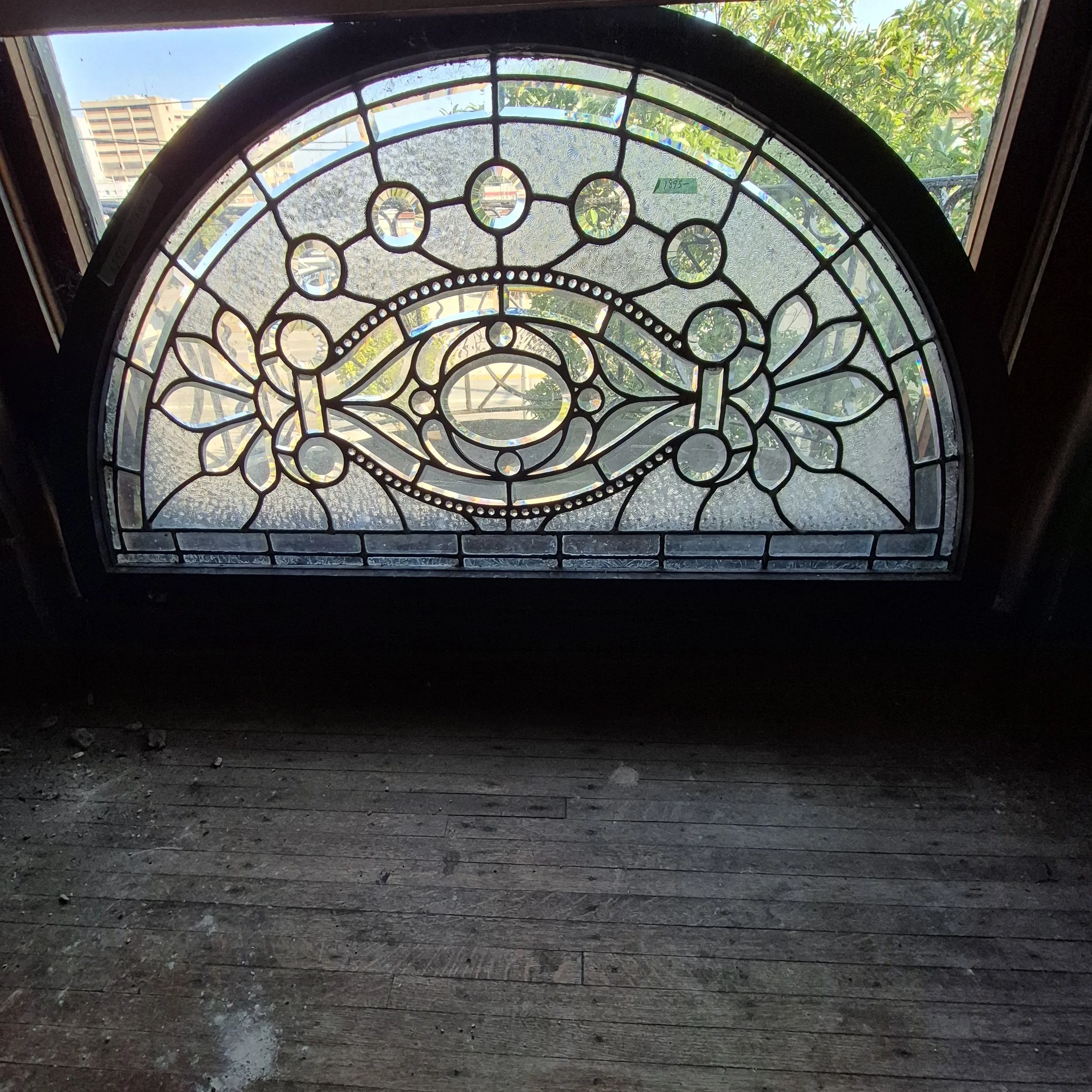 Wood Framed Antique Clear Bevel Arched Glass Transom