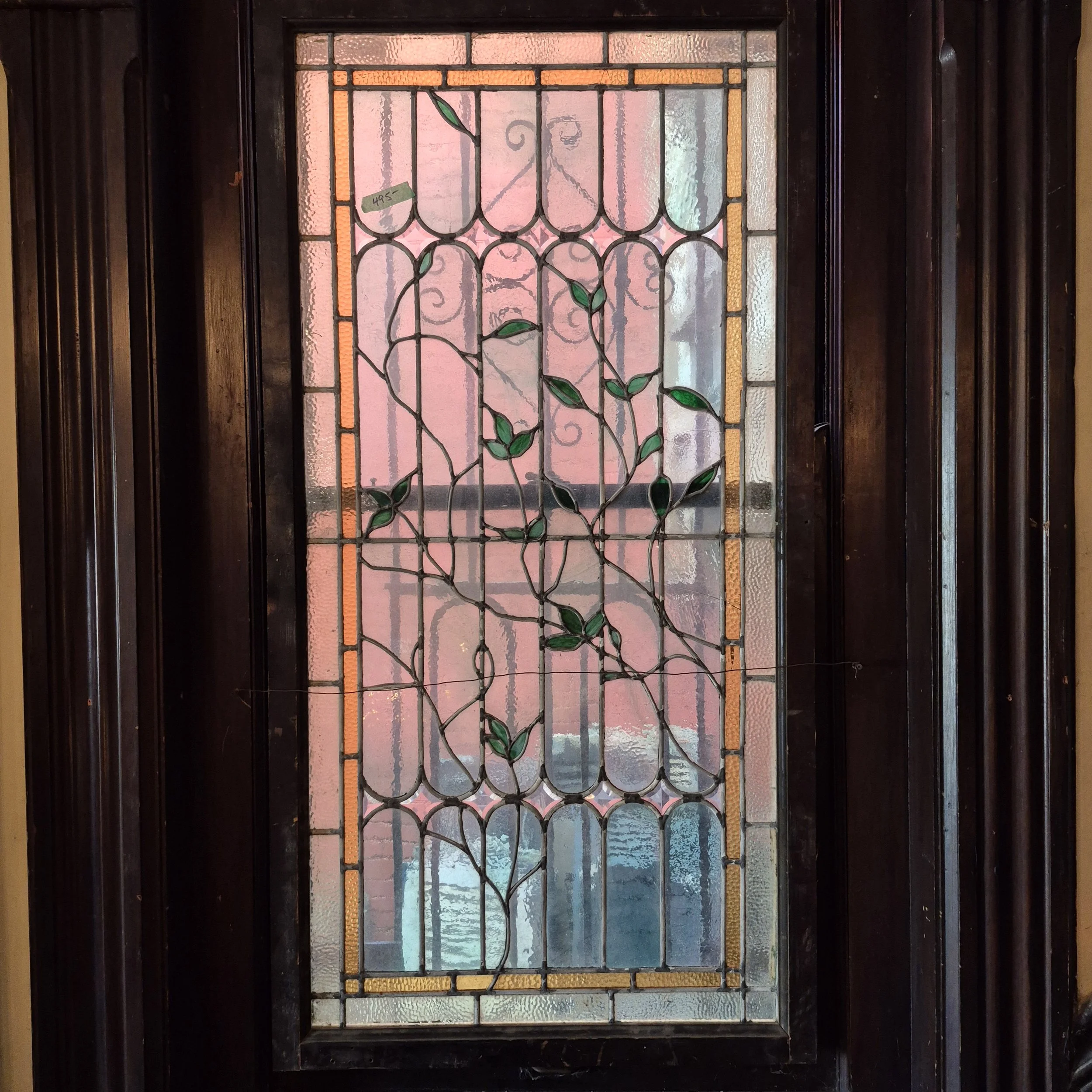 Stained Glass Panel in Wood Frame with Leaf Vine Motif