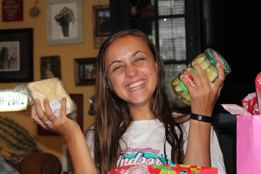Our pickle-loving girl - yes, that was a birthday present from her BFF