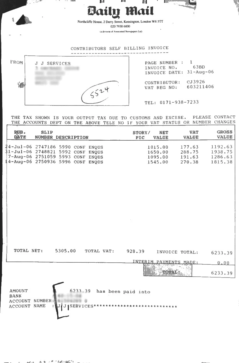  A remittance advice telling Steve Whittamore he’s £6233 richer for blagging Friends and Family information and ‘spinning’ mobile phone numbers. Note the large size of each payment, which points to illegal data theft.