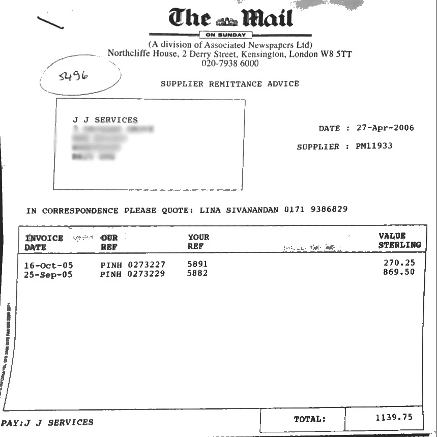 The Mail On Sunday's remittance slip from April 2006. Peter Wright was unable to explain at Leveson why these payments to Whittamore had been made.