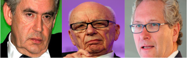 Accuser: Gordon Brown (left) insists ex-Sunday Times editor John Witherow (right) knew of criminality. Witherow's boss Rupert Murdoch is pictured centre.