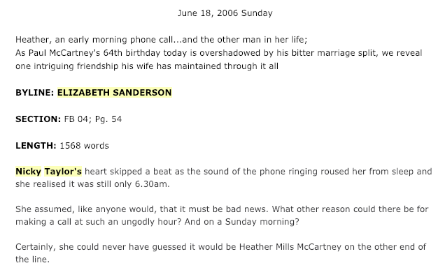 Offending article? Mail on Sunday story referring to Heather Mills and Nicky Taylor's phone call