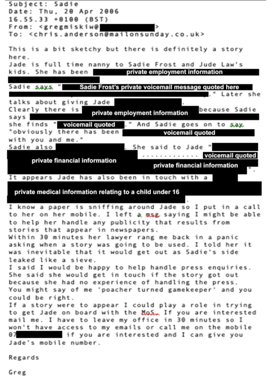 Email to Mail on Sunday boss Anderson quotes from Sadie Frost's voicemail messages