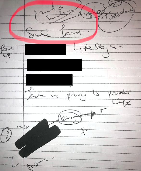 Mulcaire's note on his Sadie Frost work for the Mail on Sunday