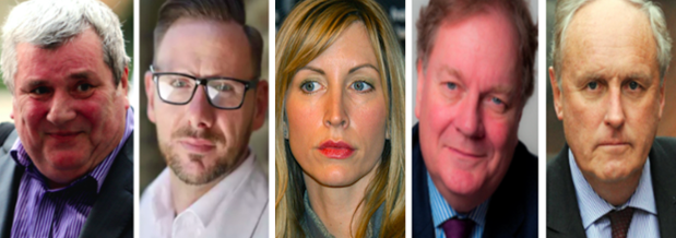 l-r, Greg Miskiw, Glenn Mulcaire, Heather Mills, Peter Wright, Paul Dacre. (c) PA/ IPSO