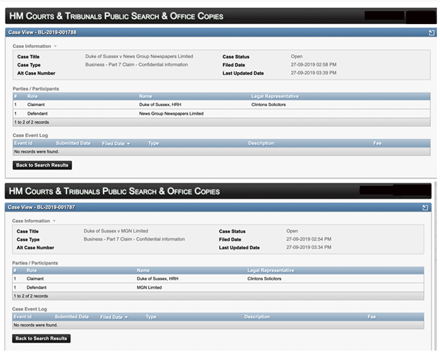Documented: the Court file showing the Duke’s legal actions were launched on September 27
