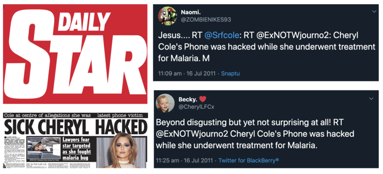 Covrage: The Daily Star reported on July 23, 2011, on Twitter claims Ms Tweedy was hacked by the  News of the World  during her malaria treatment