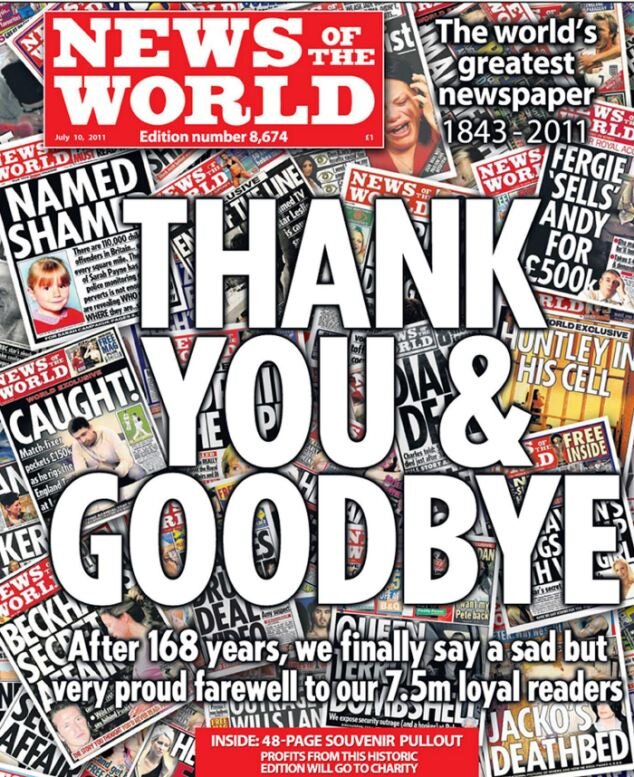 Closure: The final edition of the News of the World as it succumbed to the hacking scandal in 2011 after 168 years in print