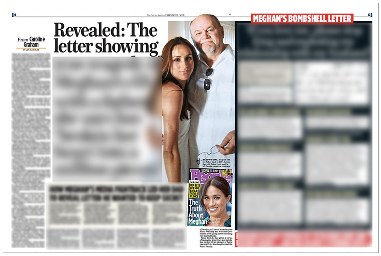 Offending article: How the  Mail on Sunday  published Meghan Markle’s letter to father Thomas. We are protecting the disputed parts