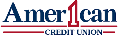 Logo of American Credit Union with red and blue text and lines.