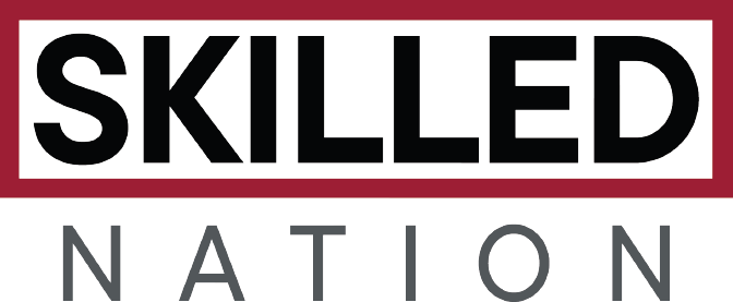 Text reading 'Skilled Nation' with 'Skilled' in bold black letters on a white background with a maroon bar underneath and 'Nation' in gray below the bar.