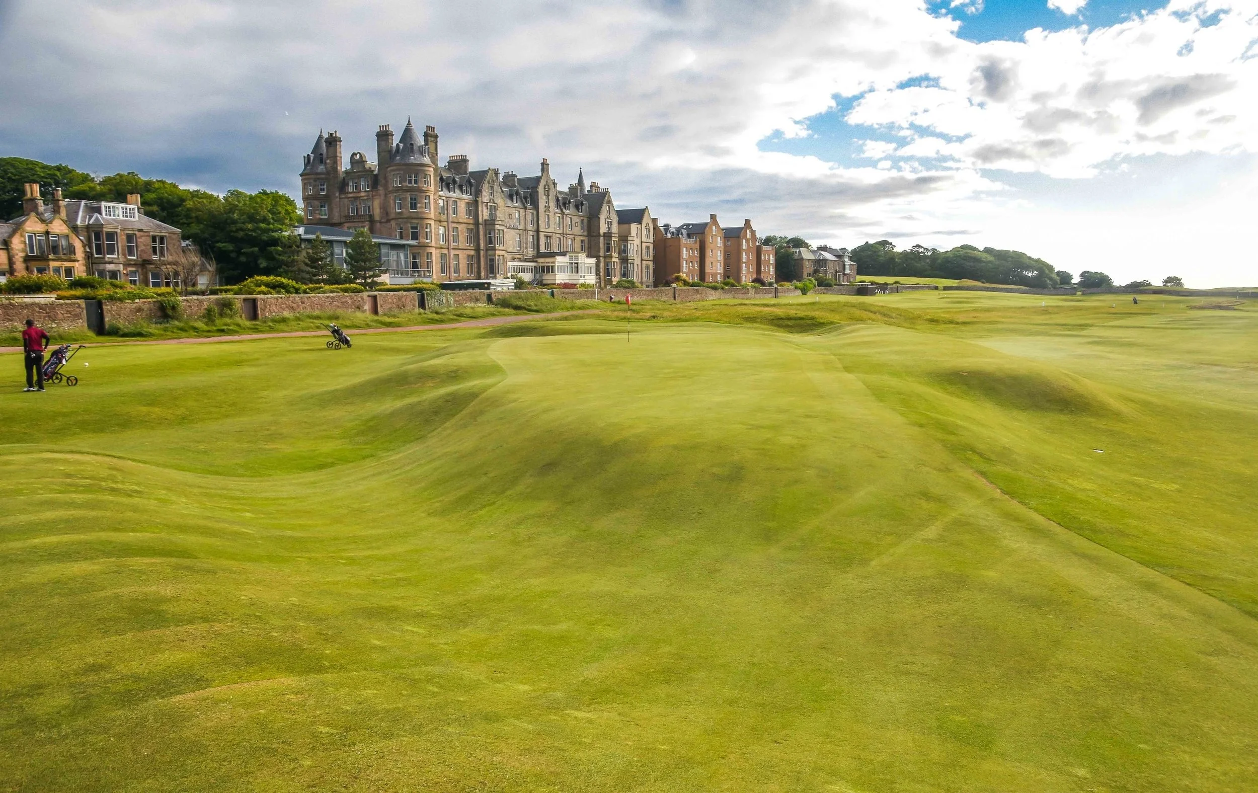 16th green is one of the most unusual I have ever played, and nice view of the Old Marine Hotel
