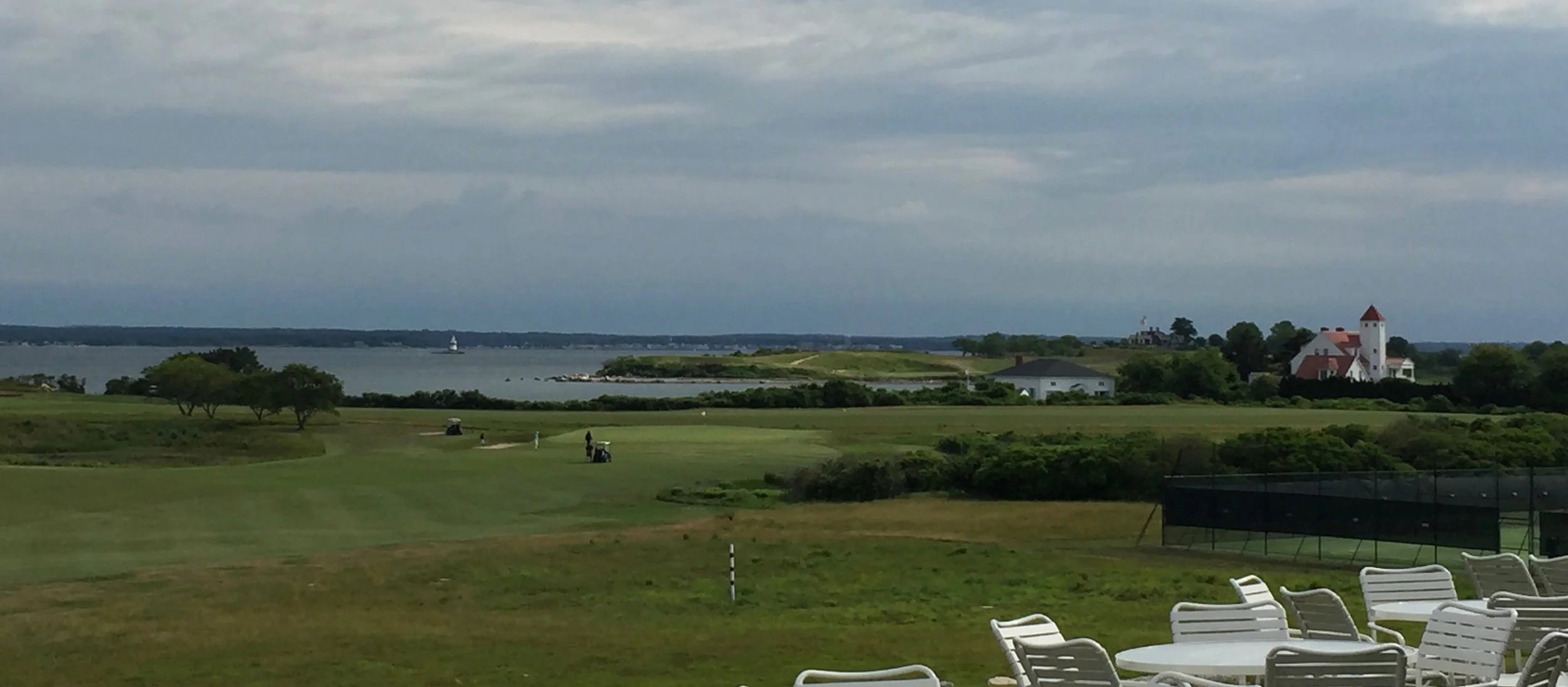 Looking from the Clubhouse over hole one and the Long Island Sound.