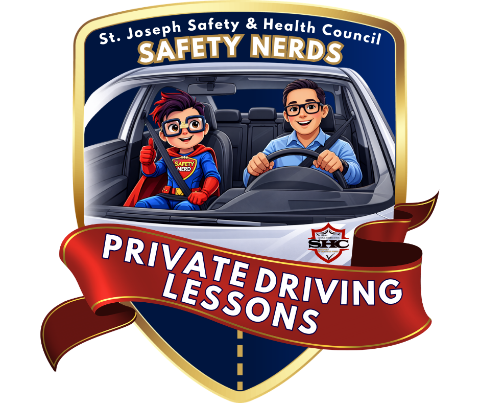Illustration of a young superhero in a car giving a thumbs up next to a man driving, with text promoting private driving lessons from St. Joseph Safety & Health Council Safety Nerds