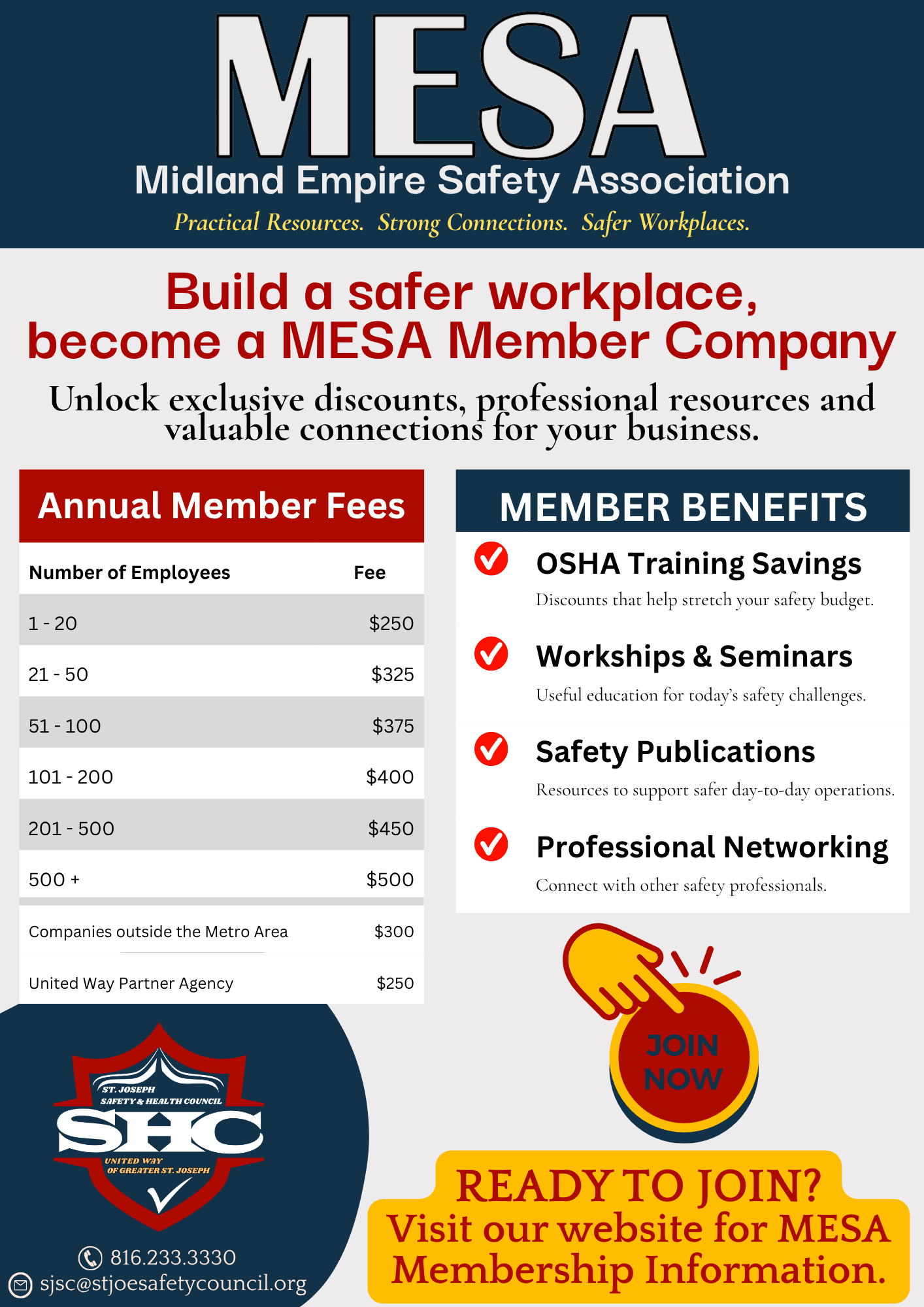 The infographic promotes the Midland Empire Safety Association or MESA, encouraging businesses to join for safety resources and discounts. It lists annual membership fees based on the number of employees, with additional benefits such as OSHA training savings, workshops, safety publications, and professional networking. The bottom section invites viewers to visit the website for membership information, and provides contact details including a phone number and email.
