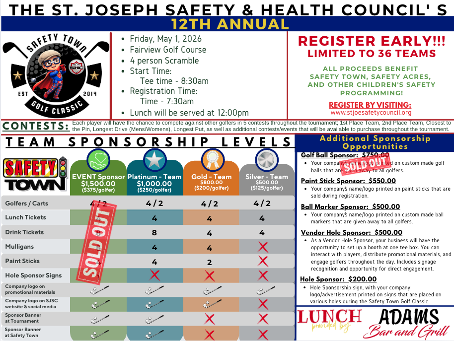 Information about St. Joseph Safety & Health Council's 12th Annual Golf Classic event on May 1, 2026, at Fairview Golf Course. Includes contest details, team sponsorship levels, and various sponsorship opportunities with some items marked as sold out.