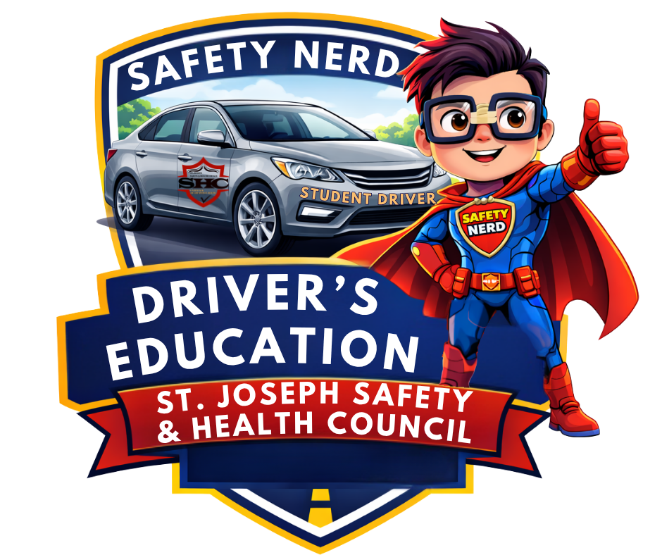 A graphic design promoting driver safety education with a cartoon superhero boy dressed as a safety nerd, a gray sedan car with a safety shield decal, and text indicating it's a driver education event organized by St. Joseph Safety & Health Council.