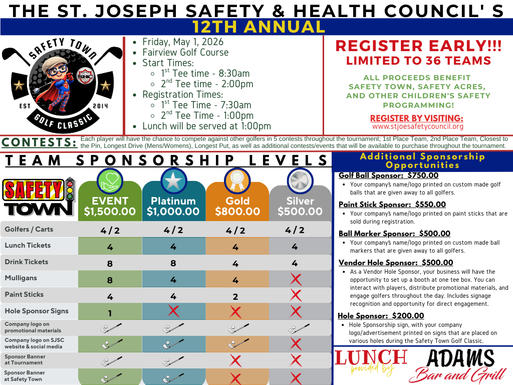 Friday, May 1, 2026 Fairview Golf Course Start Times: 1st Tee time - 8:30am 2nd Tee time - 2:00pm Registration Times: 1st Tee Time - 7:30am 2nd Tee Time - 1:00pm Lunch will be served at 1:00pm.