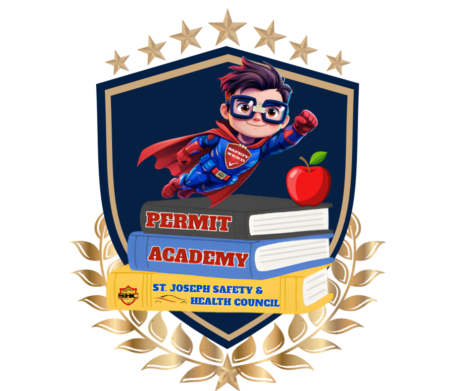 A logo for Permit Academy of St. Joseph Safety & Health Council featuring a cartoon superhero boy flying, holding books, with an apple, shield, and stars.