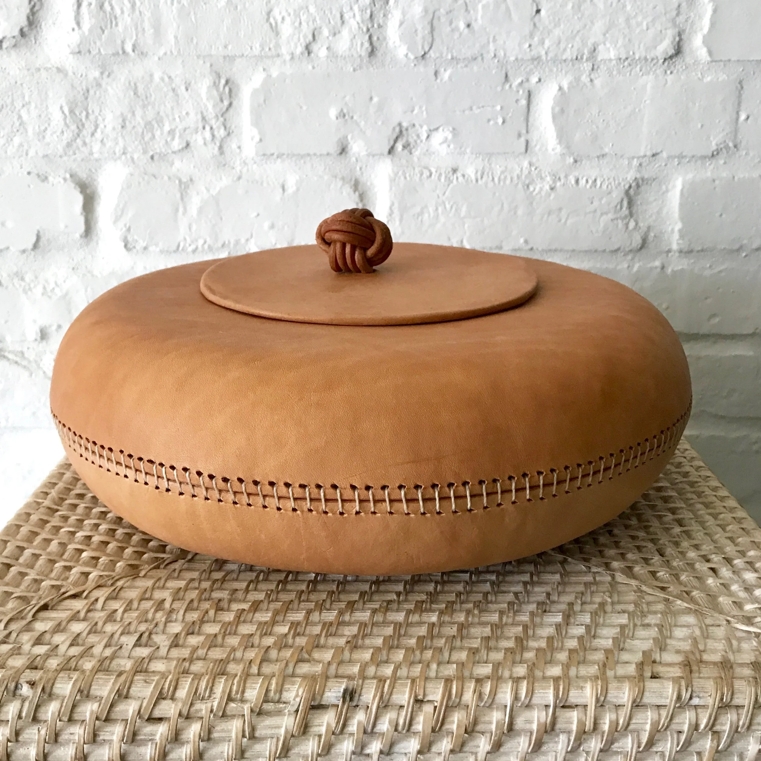 Hand-stitched Round Leather Bowl with Top