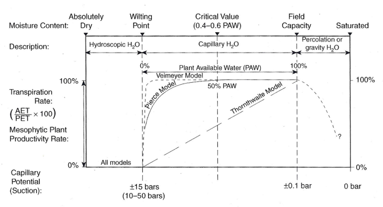 In general, rates of transpiration remain at levels close to field capacity down to about 50% PAW at which point transpiration begins to slow. While several different models are shown in the image above, the Pierce curve is the most commonly accepted.
