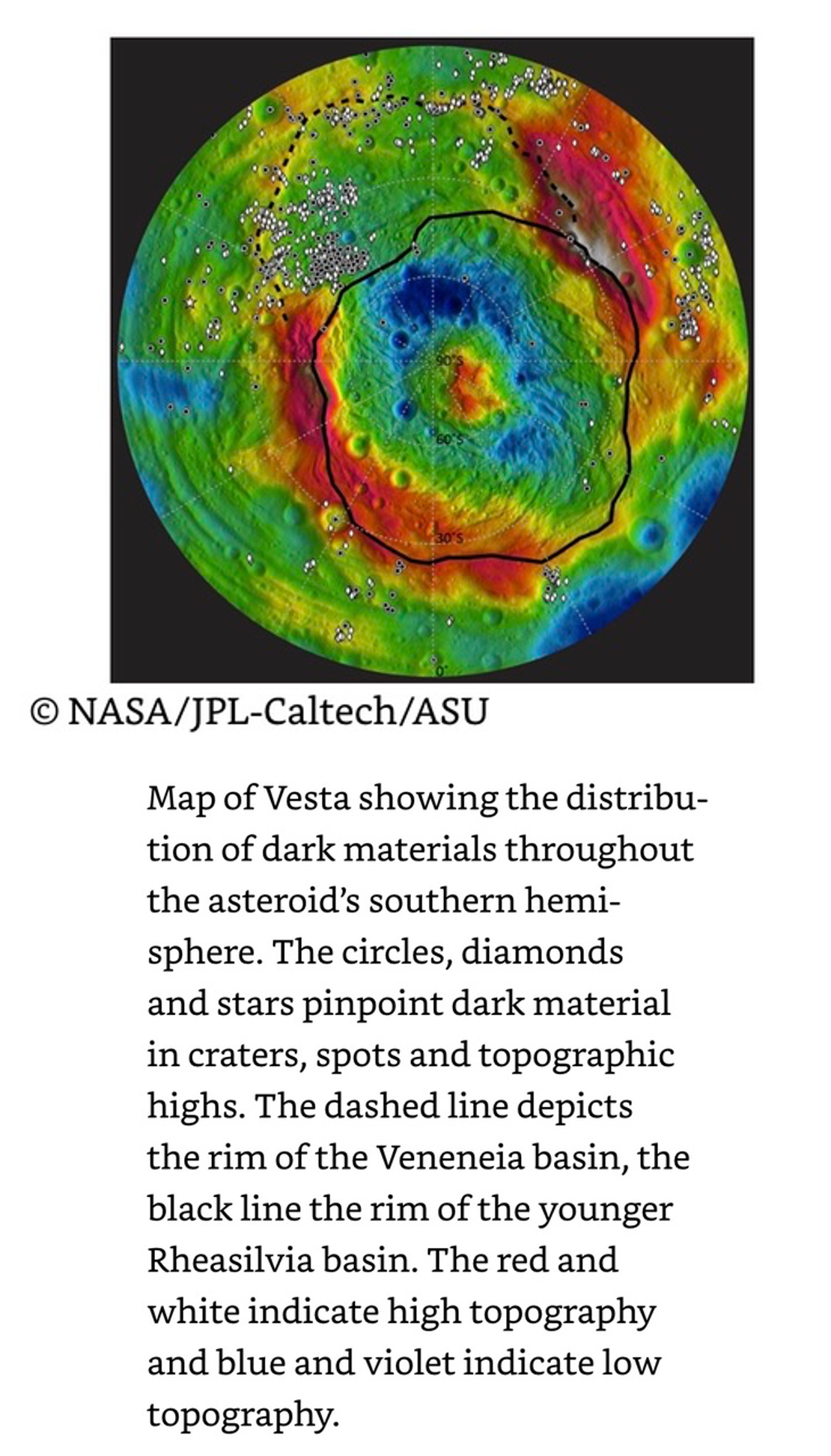 Map of Vesta showing the Distribution of Dark Materials throughout the Asteroids S. Hemisphere.png