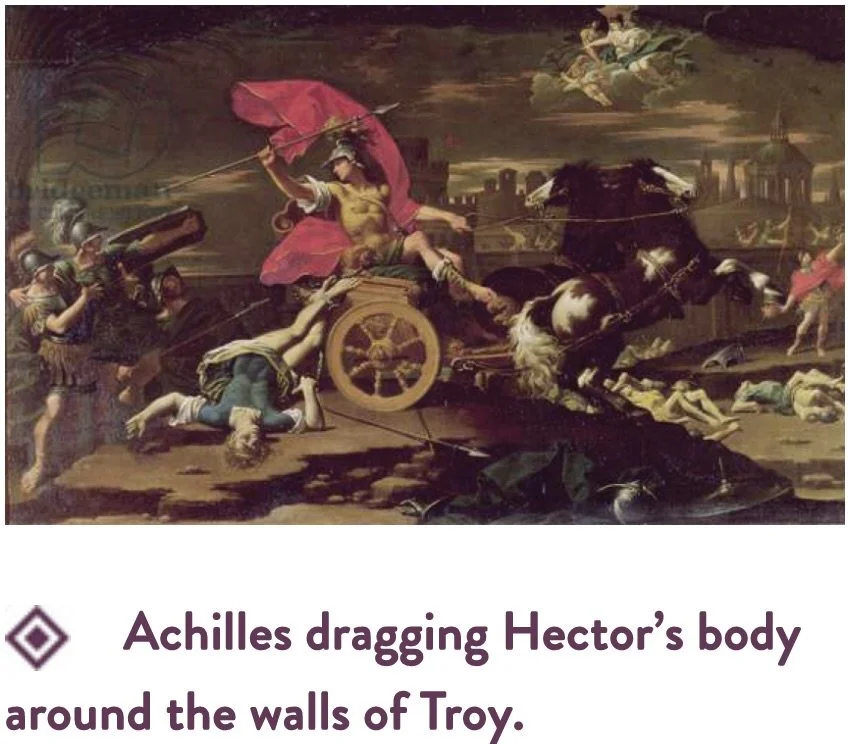 Achilles dragging Hectors body around the walls of Troy