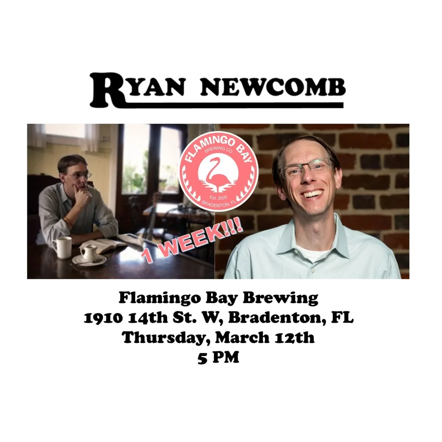 We are 1 week away!!! Make your plans now to be @flamingobaybrewingco next Thursday, March 12th. Music starts at 5 pm. Food truck will be there, so come order some food and drinks and let's catch up!!! Can't wait to see all of you