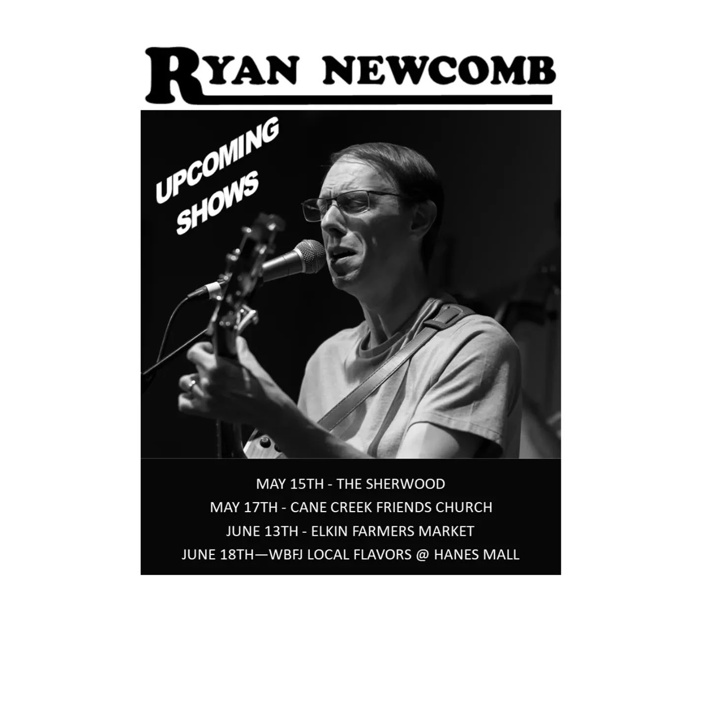 The calendar has flipped to May which means it's time for some live music from yours truly! Next show is Friday, May 15th at The Sherwood in WS. Music starts at 5 PM. Hope to see you there or at any of the other upcoming shows!!