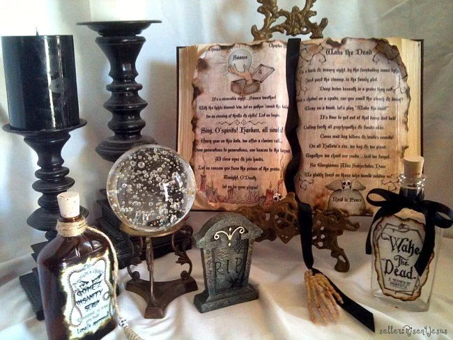 At your front entrance or on your fireplace mantel create a witches spell corner!
