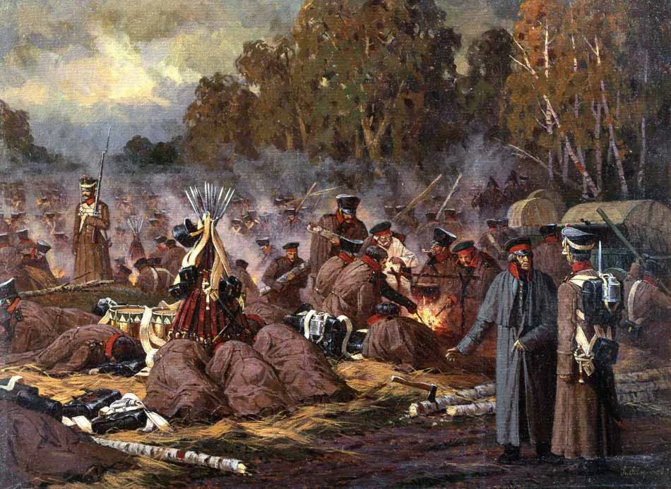 Russian troops in bivouac, note the soldiers sleeping in their greatcoats and the only tents pitched are to protect the muskets from damp.