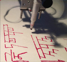 The characters are rendered using a red calligraphy pen in a pen plotter, and drawn on a heavy toothed paper. The pen’s orientation on the paper give the characters their depths and adds to the handwritten aesthetic.