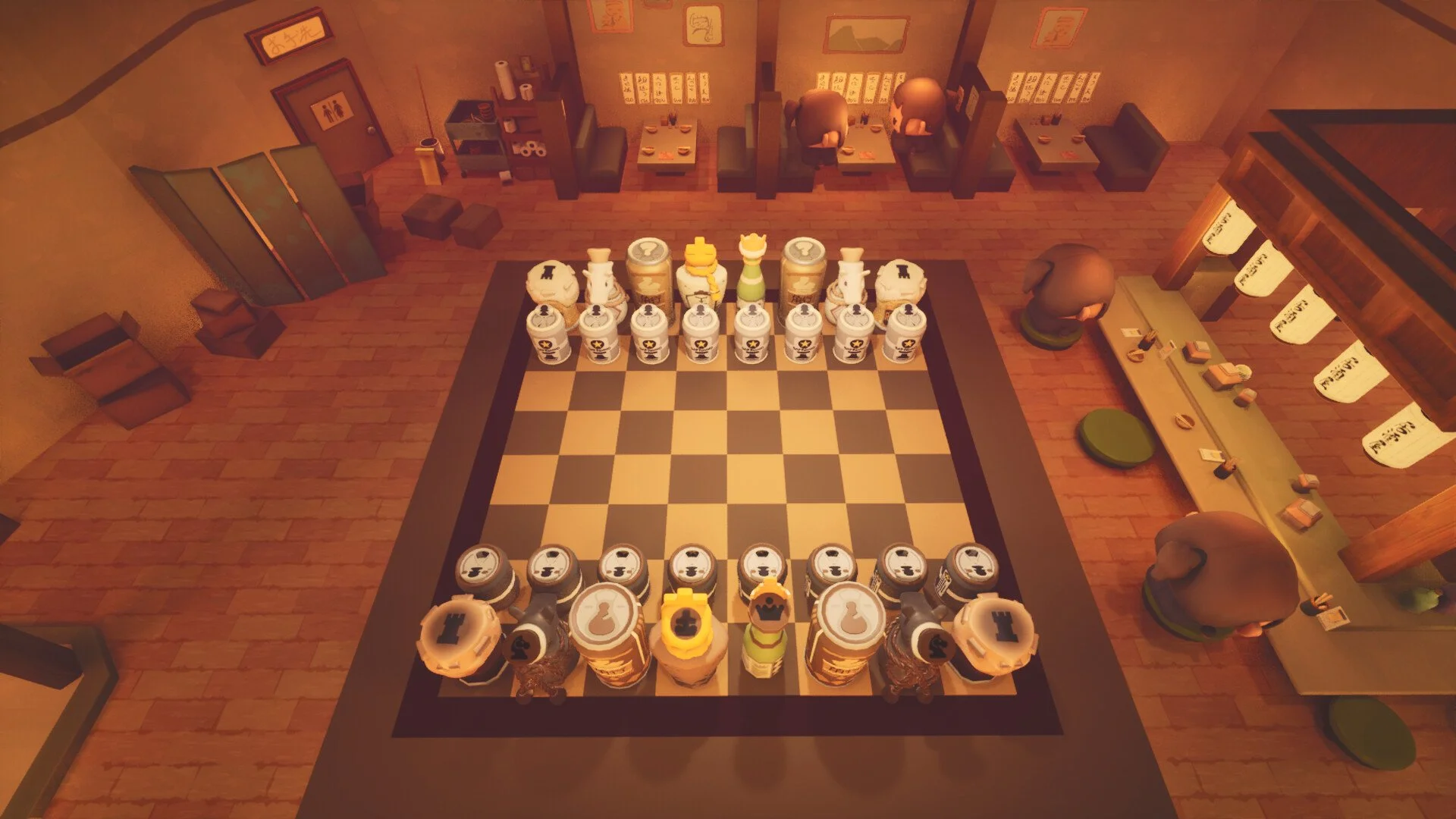  3D Chess gameplay where each piece is represented as a bottle of alcohol, theming the game around Japanese Izakaya and bar culture while also helping tell the story of a cozy and small shop filled with culture  