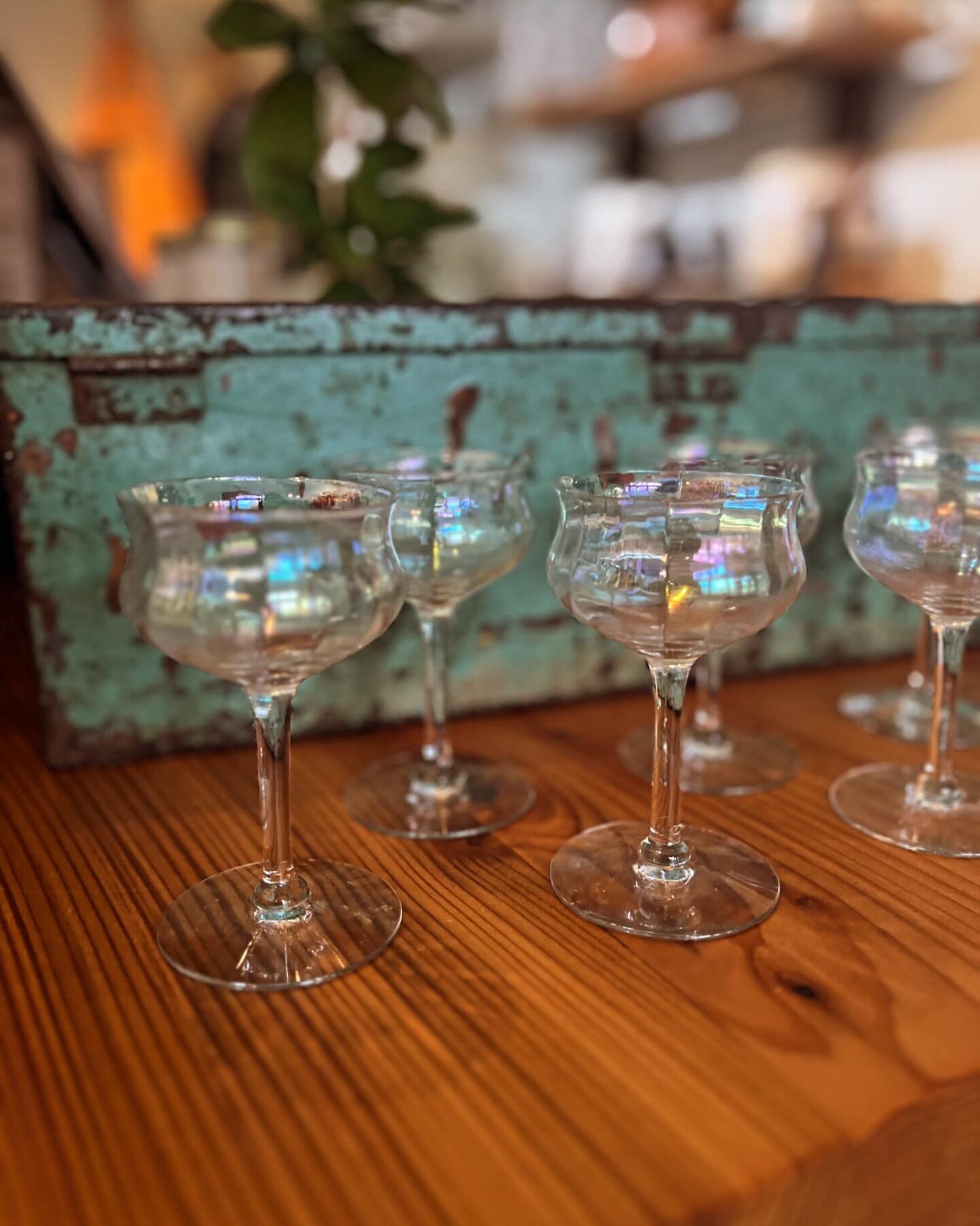 Vintage iridescent stemware from one of our consigners. I have a girlfriend that when we have a dinner or a potluck we always try a new drink recipe to share with each other, these would be perfect for that.