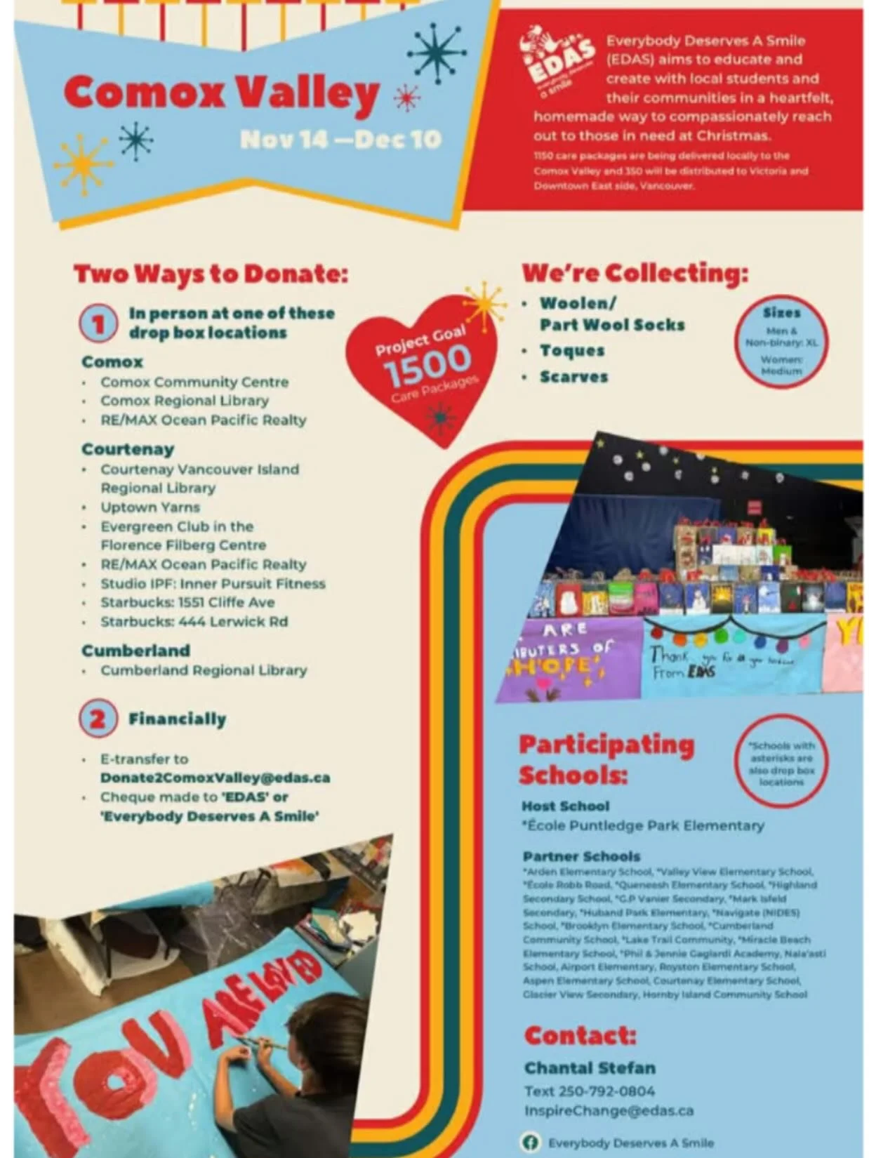 Hey knitters and crocheters, EADS is looking for 1000 woollen scarves to be donated by Friday Dec.12. Details are in the poster or you can reach out to Kirsten @retiredandonthemove if you have questions. Every little bit helps! Donations can be dropp