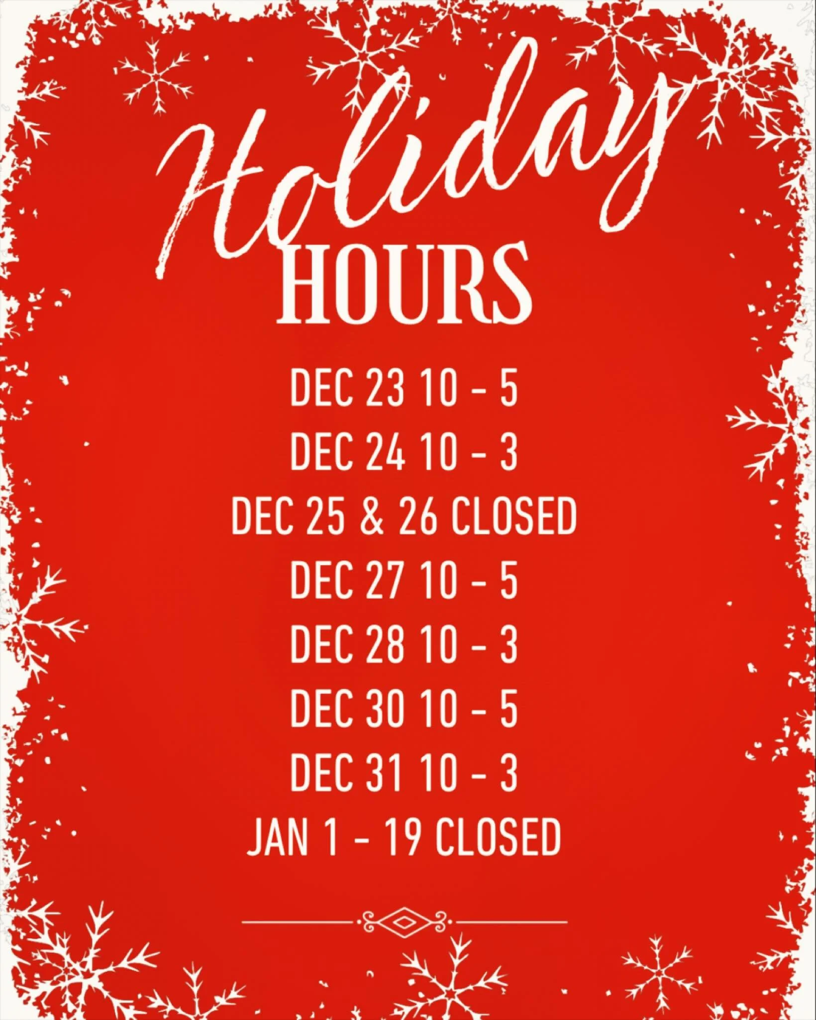 Holiday hours, please note we will be closed from January 1st to 19th for a little winter break. See you on January 20th #happyholiday #seeyouontheotherside❤️ #lovecumberland