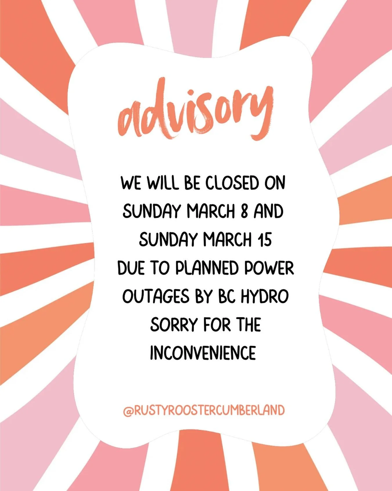We will be closed Sunday March 8 and Sunday March 15 due to planned power outages by BC Hydro. Sorry for the inconvenience #lovecumberland #shoplocalcomoxvalley #northvancouverisland #supportsmallbusiness