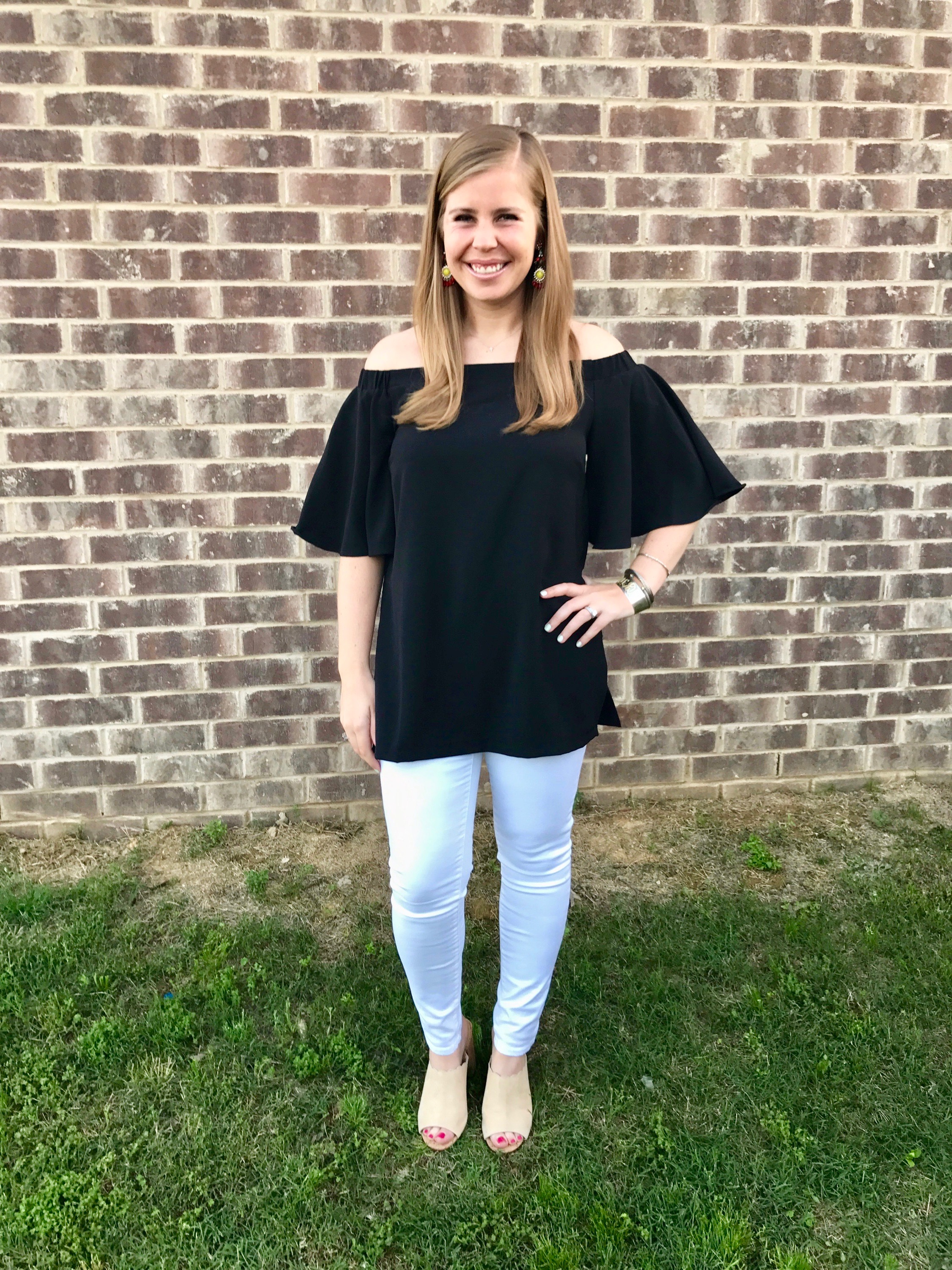 Outfit Details: Mason's top, old // Old Navy jeans // Marc Fisher mules // Anthropologie earrings , old