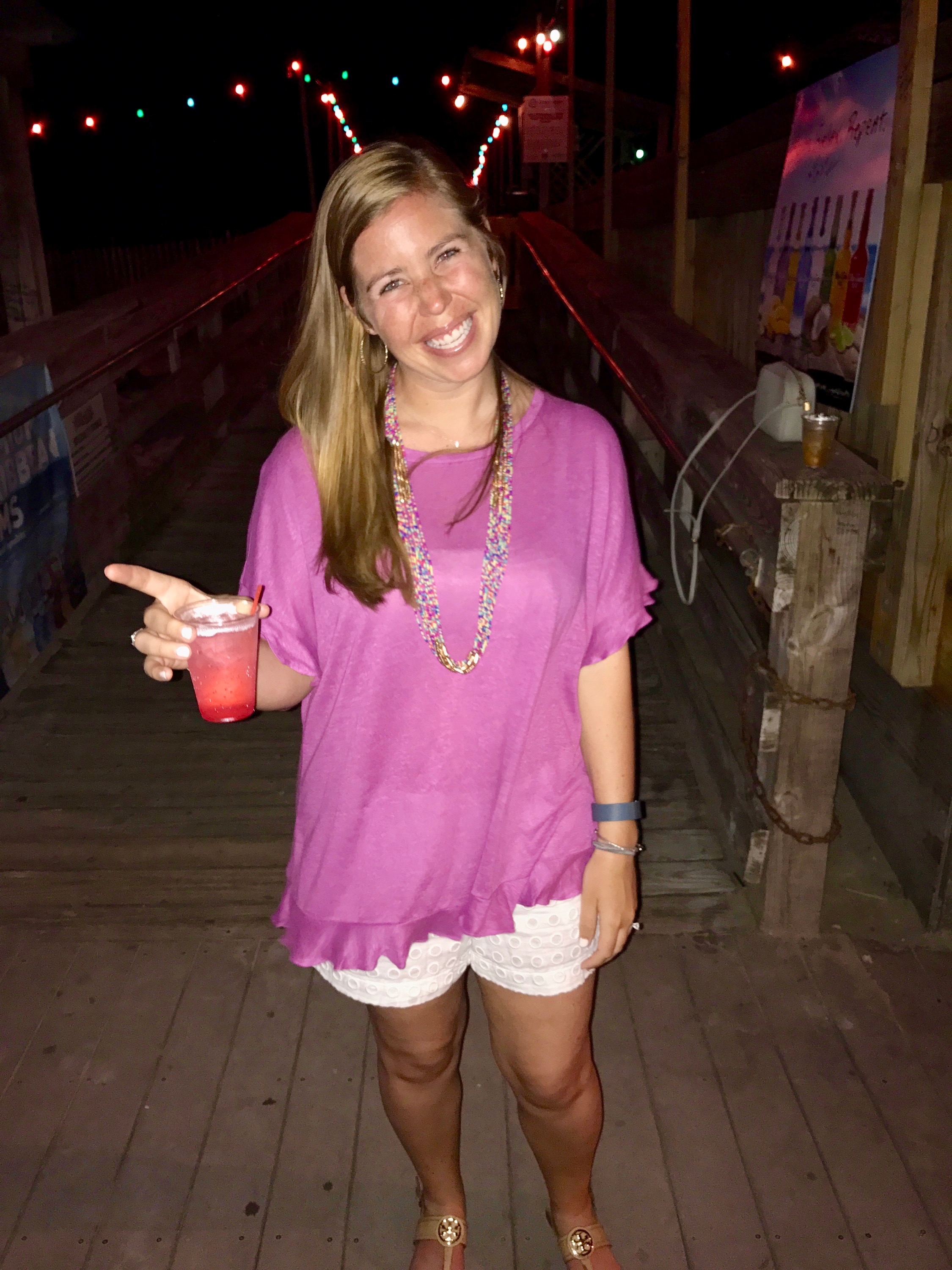 Although it may appear I have been overserved, this is actually my second out of two drinks of the day. I was just cracking up because I was trying to get Parker to take a picture WITH me, but he is so used to taking solo shots of me for the blog that he thought I wanted to take one right there by myself in the Florabama in front of everyone. Solo shots can be seriously awk. On another note, outfit details... currently loving this shirt. I have it in two colors and can't get enough of it! Outfit Details: Shirt- Anthropologie // Necklace- Target // Shorts- Gap (old) // Sandals- Tory Burch (old), similar