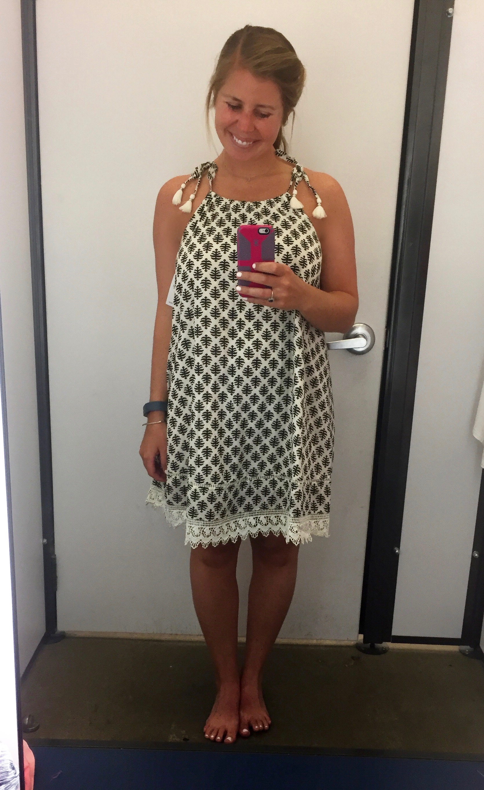 This was my favorite purchase! I love the tie sleeves with tassels, the relaxed fit, and the detailing on the hem. Yes, I am barefoot in Old Navy. I had a friend text me and say she was laughing at me trying on my clothes with ankle socks one time, so this time I went barefoot hoping that you can get a better idea of what the items look like! :)