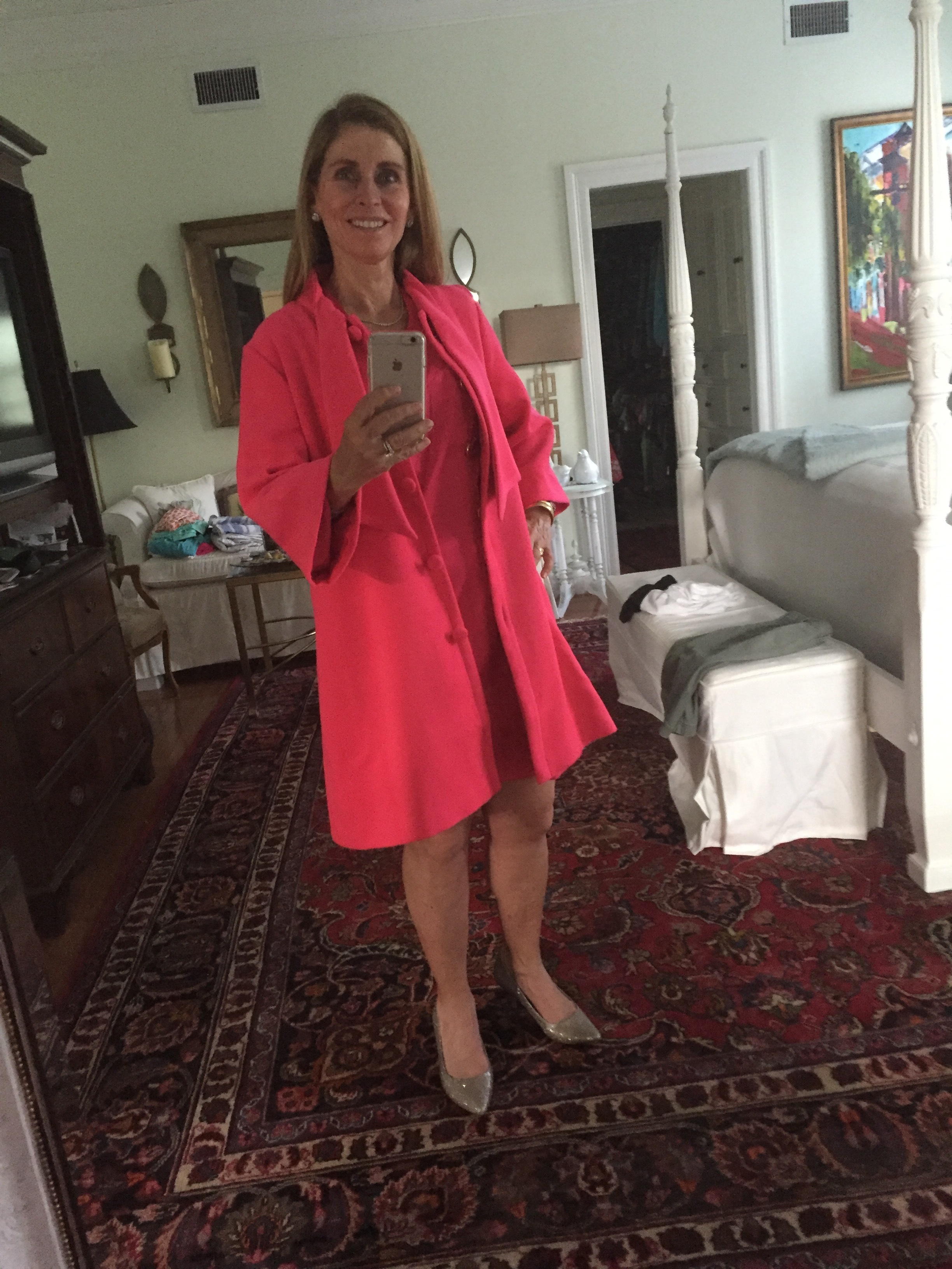 My mom in her hot pink Julie Brown coat and dress