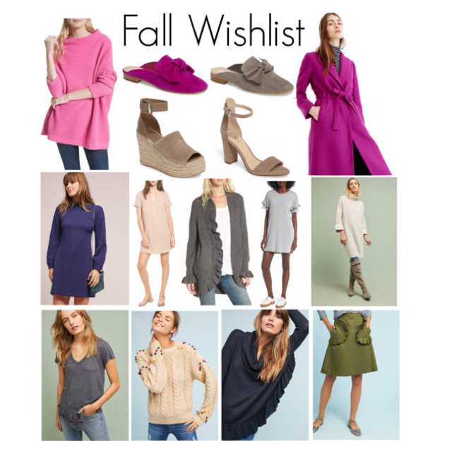 From left to right: Pink Slouchy Tunic // Bow Mules // Platform Wedges // Ankle Strap Sandals // Bright Plum Tiewaist Topcoat // Blue Mockneck Dress // Blush Hailey Dress // Ruffle Cardigan // Ruffle Sleeve Dress // Turtleneck Tunic // Ruffled Hem V-neck Tee // Pompom Cable Sweater // Ruffled Cowl Neck Pullover // Ruffled Pocket Skirt